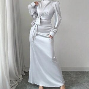 SHEIN White Long Sleeve Satin Dress